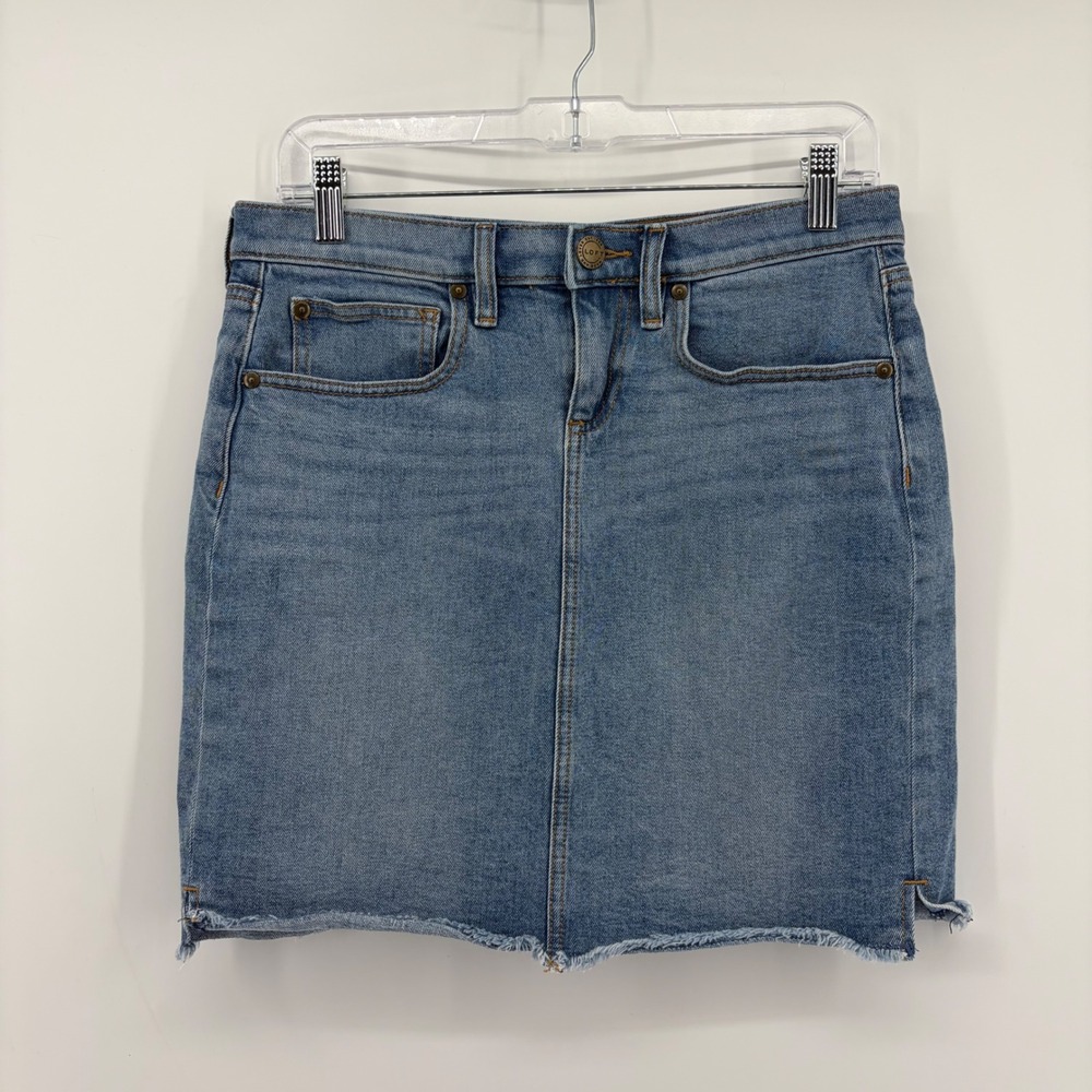 LOFT Womens 0 Blue Denim Mini Skirt Raw Hem Stretch Medium Wash 491819